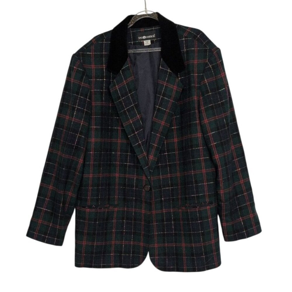 Vintage Sag Harbor Plaid Metallic Blazer Womens Size 18 Green Wool Blend Jacket